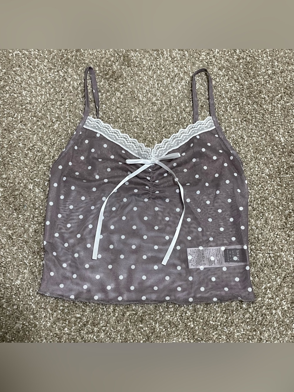 Gray Mesh Polka Dot Lace-Trim Cami